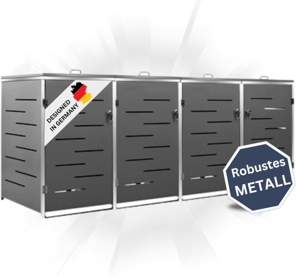 DELUKE® 4er Mülltonnenbox JAGU Edelstahl Anthrazit 115,5x276,5x77,5cm Mülltonnenverkleidung für 4 Tonnen 240L Müllbox aus Metall Mülltonnenschutz Mülltonnendach