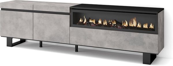 Skraut Home | TV-Schrank, Lowboard | für Wohnzimmer und Esszimmer | 200 x 57 x 35 cm | Für TV-Geräte bis zu 80" | Elektrokamin. Maße | Industriedesign | Moderner Stil | Zement