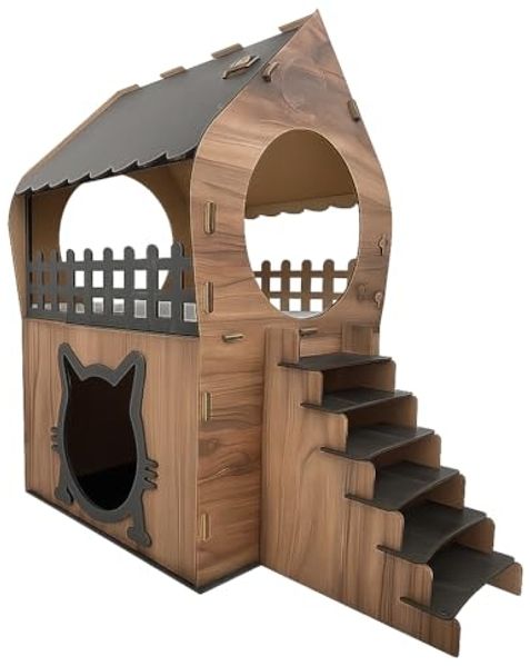 Jungengel Tierhaus Zweistöckiges Katzenhaus aus MDF – Braun & Dunkelbraun, Holzoptik, Balkon, Werkzeugloser Aufbau, Katzenöffnung, 2 Etagen