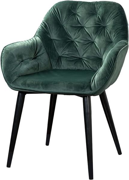 Chessy - Esszimmerstuhl mit Armlehne , gepolsterter Sitz und Rücken, komfortable Chesterfield Polsterung, Samtstuhl , Metallfuss in grün matt