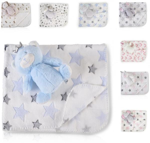 Cangaroo Babydecke 90 x 75 cm mit Plüschtier kuschelige Babydecke Krabbeldecke blau