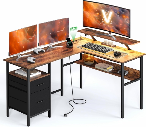 Vasagle L-förmiger Schreibtisch mit Steckdosen, Eckschreibtisch, Computertisch, Monitorständer, Gaming-Tisch, LED-Beleuchtung, USB-Anschlüsse, einfache Montage, Homeoffice, vintagebraun von Songmics