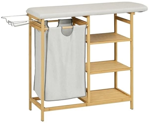 HOMCOM Wäschekorb mit Bügelbrett, Stoffsack und Bambusgestell, 113x34x82cm (Wäschesammler, 1 St, Bambus-Wäschekorb), für Badezimmer, Schlafzimmer, Naturholz