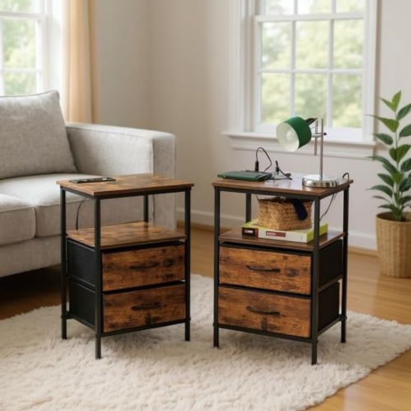 FurnitureR 2 Stück Telefontische, Aufbewahrungsschrank mit Mehreren farbigen LEDs, 2 AC-Sockel, 2 USB-Anschlüsse für Drawers, 2 Schubladen aus Stoff, industrieller Retro-Stil, Braun, 40 x 30 x 60 cm