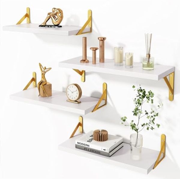 BAKAJI Set mit 4 Wandregalen aus weißem Holz mit goldenen Metallhalterungen, Mehrzweck-Wandregal, kreative Montage, Regal für Schlafzimmer, Wohnzimmer, Küche, Badezimmer, platzsparendes Bücherregal