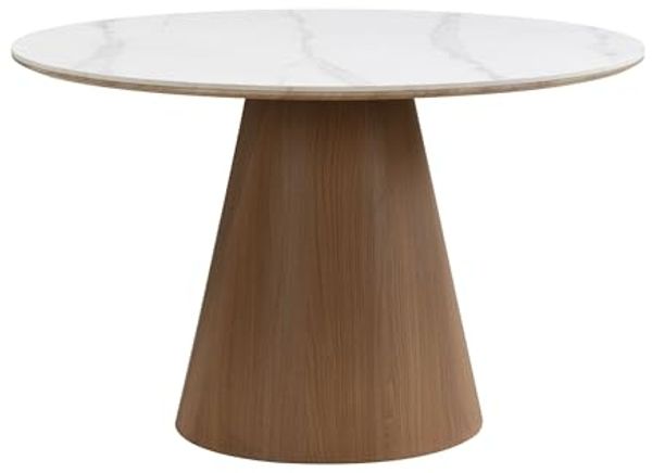 Esstisch rund 120cm mit weißer Sinterstein Tischplatte in Marmor Optik - Esszimmertisch Küchentisch für 6 Personen modern - Design Tisch Metallgestell Walnuss-Optik Esszimmer Küche