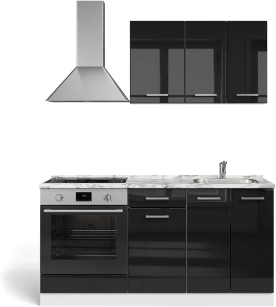 Vicco Singleküche mit Herdumbauschrank ohne Arbeitsplatte, R-Line, Schwarz Hochglanz/Weiß, 160 cm