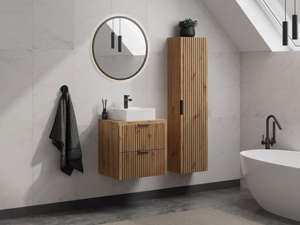 Vente-unique - Waschbeckenunterschrank hängend mit Ablagen & Aufsatzwaschbecken + Säule – Streifenoptik – Hell-Natur – 60 cm – ZEVARA Bild 2