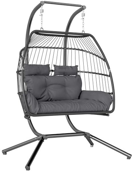 Outsunny Schaukelstuhl mit Kissen, ergonomisch, für 2 Personen (faltbar Hängesessel mit Gestell, 1 St), belastbar bis 260kg, für Balkon, Terrasse, Dunkelgrau