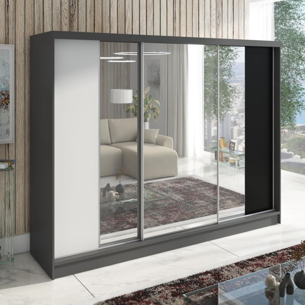 Schwebetürenschrank VENA 3-türig Schrank 200 cm (mit Spiegel) Farbe: Graphit , Schwarz , Weiß