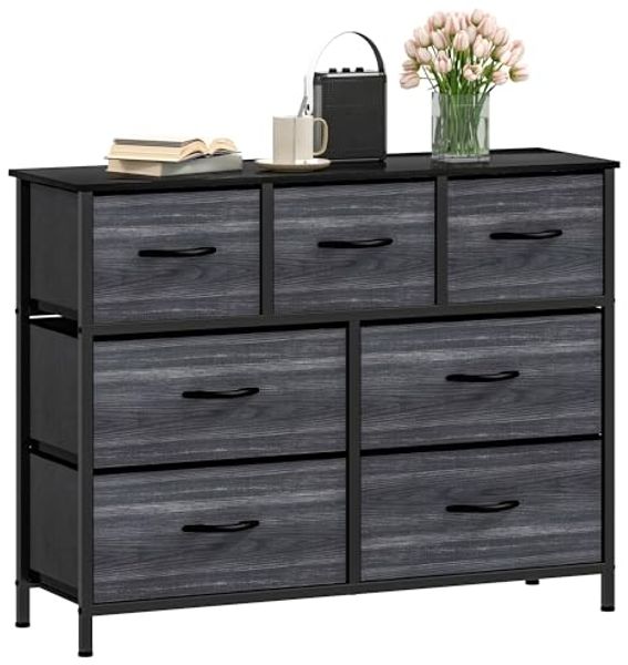 DWVO Kommode mit 7 Schubladen, langlebiger Stoff, Robustes Metallgestell, Schrank aus Stoff mit Griffen, ideal für Schlafzimmer, Wohnzimmer, Flur, Kinderzimmer, Holzmaserung Anthrazit Schwarz