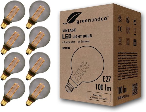 greenandco 8x LED Vintage Glühbirne zur Stimmungsbeleuchtung | E27 G95 | smoke | 4W 100lm | 1800K extra warmweiß | 320° | 230V | flimmerfrei | nicht dimmbar | Edison Glühbirne