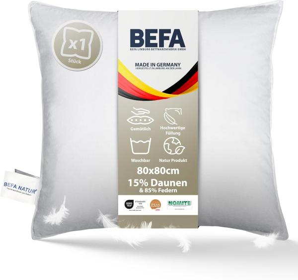 Made in Germany BEFA Natur Kopfkissen 80x80 cm mit 15% Daunen & 85% Federn Klasse 1, weiß, Füllgewicht: 1200g. Allergiker geeignet (nomite), Downpass