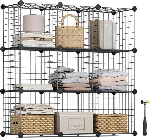 Songmics Regalsystem Steckregal individuell aufstellbar 9 Fächer Schwarz aus Drahtgitte 93 x 31 x 93 cm (B x H x T), LPI115H, schwarz