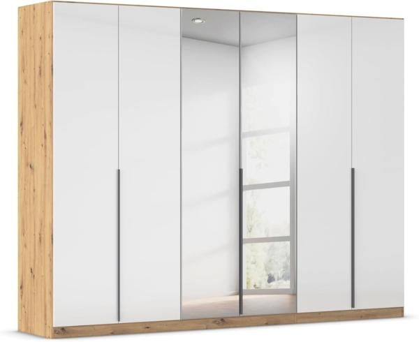 Rauch Möbel Alabama, Kleiderschrank, 6-türig, Spiegel, Zubehör Premium, 3 Kleiderstangen, 6 Einlegeböden, Schubladeneinsatz, Farbe Hochglanz Weiß/Eiche Artisan, Griff Grau metallic, 271 x 210 x 54 cm Bild 1