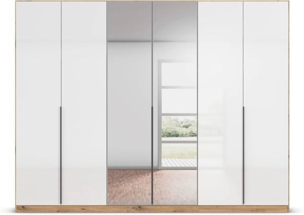 Rauch Möbel Alabama, Kleiderschrank, 6-türig, Spiegel, Zubehör Premium, 3 Kleiderstangen, 6 Einlegeböden, Schubladeneinsatz, Farbe Hochglanz Weiß/Eiche Artisan, Griff Grau metallic, 271 x 210 x 54 cm Bild 8
