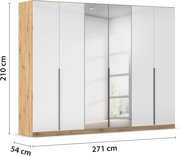 Rauch Möbel Alabama, Kleiderschrank, 6-türig, Spiegel, Zubehör Premium, 3 Kleiderstangen, 6 Einlegeböden, Schubladeneinsatz, Farbe Hochglanz Weiß/Eiche Artisan, Griff Grau metallic, 271 x 210 x 54 cm Bild 3