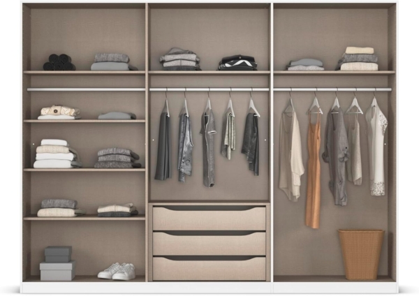 Rauch Möbel Alabama, Kleiderschrank, 6-türig, Spiegel, Zubehör Premium, 3 Kleiderstangen, 6 Einlegeböden, Schubladeneinsatz, Farbe Hochglanz Weiß/Eiche Artisan, Griff Grau metallic, 271 x 210 x 54 cm Bild 6