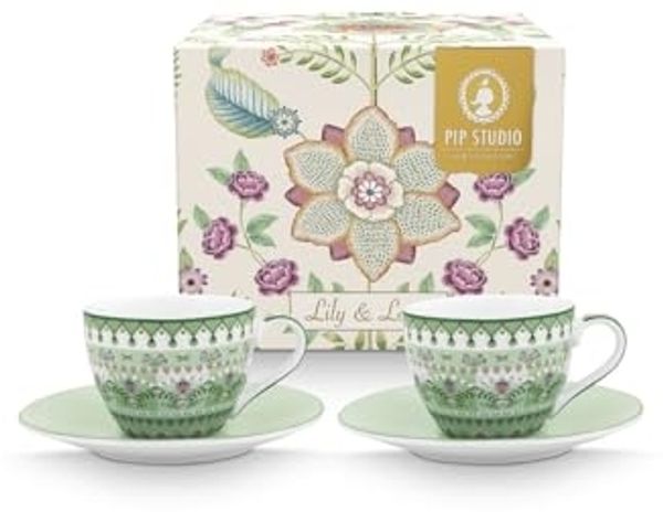 PiP Studio Espressotasse Lily&Lotus Light Green Espressotasse mit Untertasse 120ml Set2, Porzellan