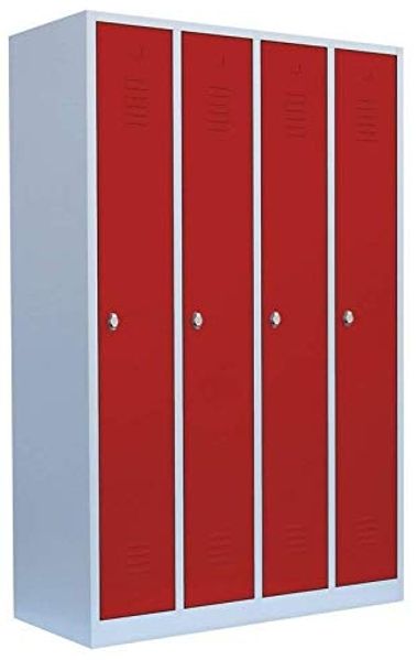 Spind Garderobenschrank Stahlschrank Metallschrank Kleiderspind 180 x 117 x 50 cm Lichtgrau/Rot 4 Abteile Abteilbreite ca. 300 mm 510144