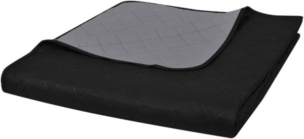 vidaXL Tagesdecke, Zweiseitig, Gesteppt, kariert, Mikrofaser mit PP Baumwoll-Füllung, Schwarz / Grau, 170x210 cm