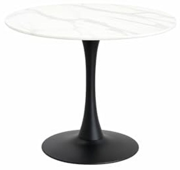 Runder Tisch "Marmor" mit Säulenfuß und Glasplatte in Marmoroptik