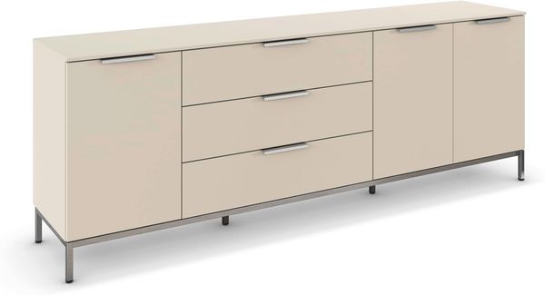 Rauch Möbel Flipp, Nachttisch für Schlafzimmer, Kinderzimmer, Wohnzimmer, Flur, Garderobe, 3-türig, 3 Schubladen, mit Softclose-Funktion, Griffe und Metallkufe Chrom, Farbe Beige, Breite 199 cm