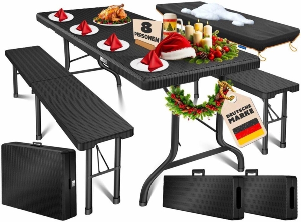 Kesser® Bierzeltgarnitur 3-teilig, klappbar, Polyrattan, 73 x 75 x 180 cm, Schwarz