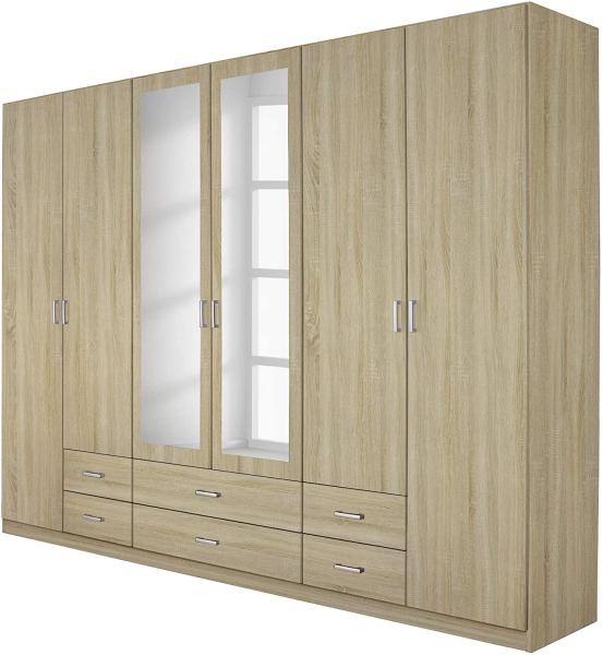 rauch Kleiderschrank, Drehtürenschrank GAMMA, 6-türig, 2 Spiegeltüren teilaufgelegt, 6 Schubkästen, Eiche Sonoma, 271x210x54cm