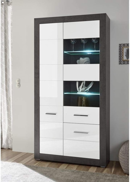 Vitrinenschrank in Hochglanz weiß mit Betonoptik dunkel ETON-61 mit LED B/H/T: 100/198/35cm