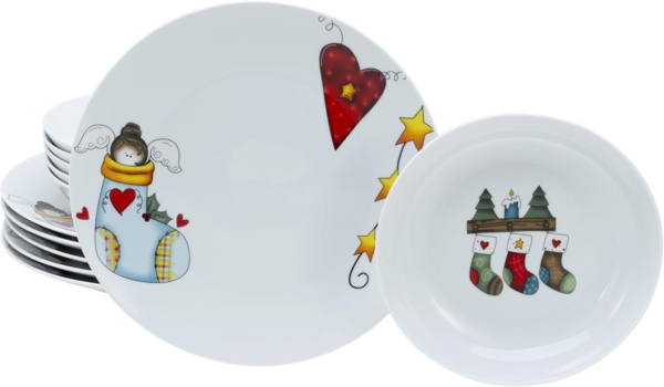 CreaTable Tafelservice Luna Socken, Tafel-Service 12-tlg (12-tlg), 6 Personen, Porzellan, Winterlicher Dekor mit lustigen Sockenmotiven