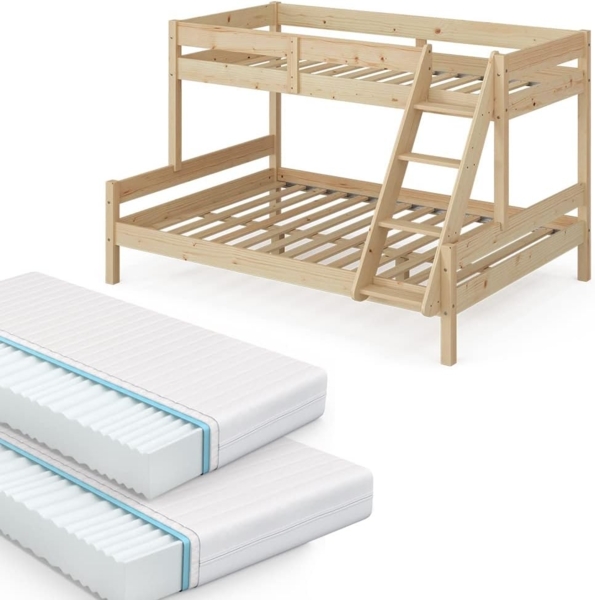 Etagenbett Everest Naturholz 140x200 / 90x200 cm mit 2 Matratzen Vitalispa