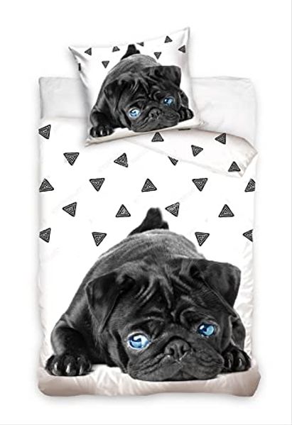 Carbotex Bettwäsche Mops-Welpe - Hunde-Bettwäsche-Set mit Wendemotiv, 135x200 & 80x80, Baumwolle, 100% Baumwolle