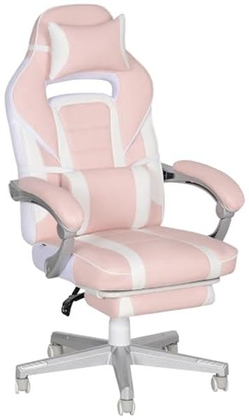 HOMCOM Gamingstuhl mit Fußstütze, höhenverstellbar Schreibtischstuhl mit Kopf- und Lendenkissen, drehbar Gaming Sessel mit neigbare Rückenlehne, Kunstleder, bis 120 kg, Rosa