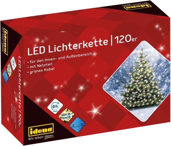 Idena 8325097 - LED Lichterkette mit 120 LEDs in Warmweiß, mit 8 Stunden Timer Funktion und Transformator, ca. 19,9 m lang, Deko für Innen & Außen, als Party Deko, Weihnachtsdeko, zur Hochzeit