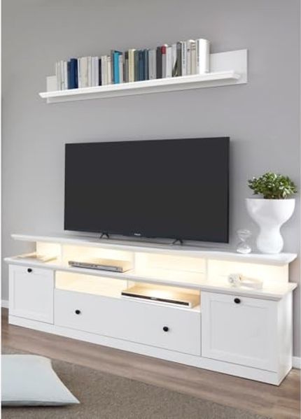 TV Schrank Kombination weiß Landhausstil BERGAMA-19 mit Wandregal und Beleuchtung, B/H/T: ca. 177/196/41 cm