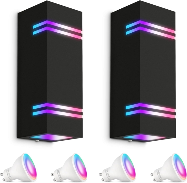 SSC-LUXon LED Außen-Wandleuchte JOVO-L Wand-Aussenleuchte Up & Down IP44 schwarz mit 2x WiFi Smart RGB, RGB & Weißtöne