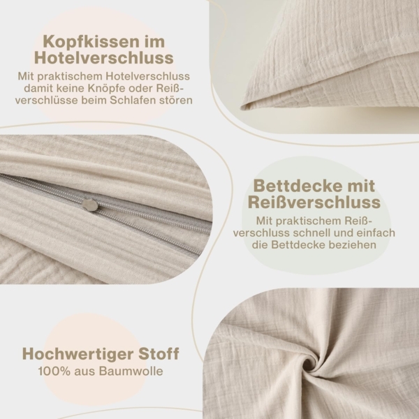 Blumtal Bettwäsche Musselin 100% Baumwolle im Set, Kopfkissenbezug & Deckenbezug, 3 teilig Bild 4