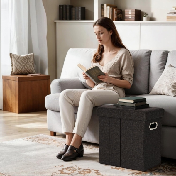 COSYLAND Sitzhocker mit Stauraum - 42 x 27 x 42 cm Hocker mit Stauraum - Kleine Klappbare Sitzbank - Fußbank & Aufbewahrungsbox bis 200 kg - für Wohnzimmer, Schokolade Bild 2