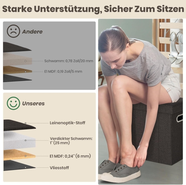COSYLAND Sitzhocker mit Stauraum - 42 x 27 x 42 cm Hocker mit Stauraum - Kleine Klappbare Sitzbank - Fußbank & Aufbewahrungsbox bis 200 kg - für Wohnzimmer, Schokolade Bild 4