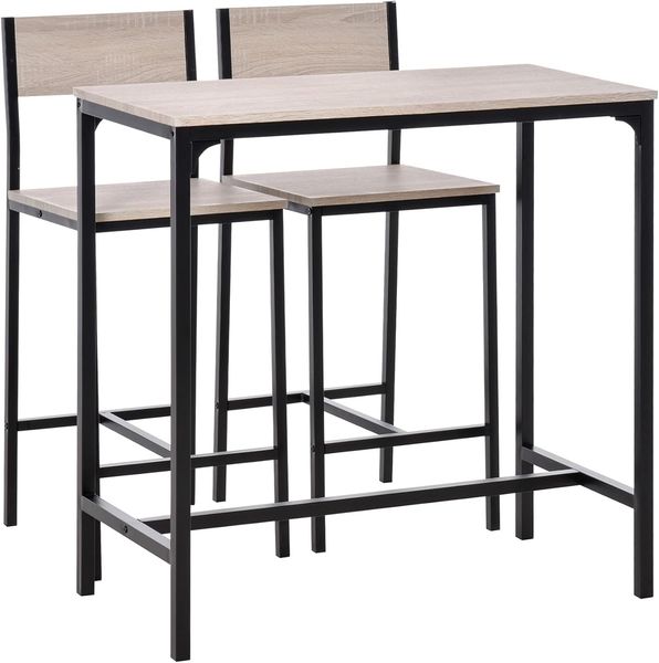 HOMCOM Bargruppe Esstisch mit 2 Barhocker, (Sitzgruppe, 3-tlg, Essgruppe), Natur+Schwarz MDF Metall