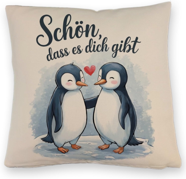 speecheese Dekokissen Pinguine mit Herz Kissen mit Leinenoptik - Schön, dass es dich gibt
