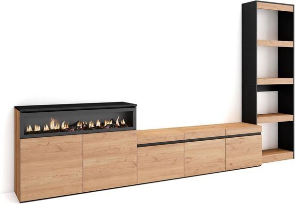 Skraut Home | Wohnwand Wohnzimmer | Wohnzimmermöbel, Möbelset | 310 x 186 x 35 cm | Für TV-Geräte bis zu 65" | Elektrokamin. | Moderner Stil | Eiche Schwarz