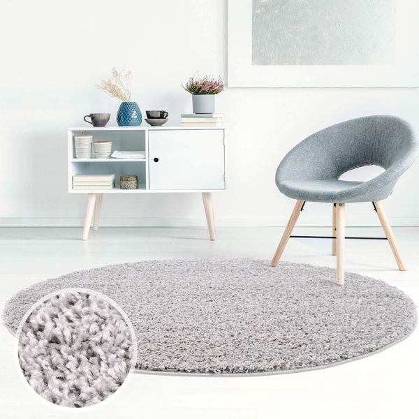 ayshaggy Shaggy Teppich Hochflor Langflor Einfarbig Uni Grau Weich Flauschig Wohnzimmer, Größe: 200x200 cm Rund