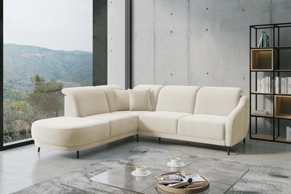 CAVADORE Ecksofa Blue/Eckcouch im modernen Design, inklusiv Kopfteilverstellung, Vorziehsitz motorisch und mattschwarzen Metallfüßen / 258 x 93 x 249 / Mikrofaser, Naturweiß Bild 2
