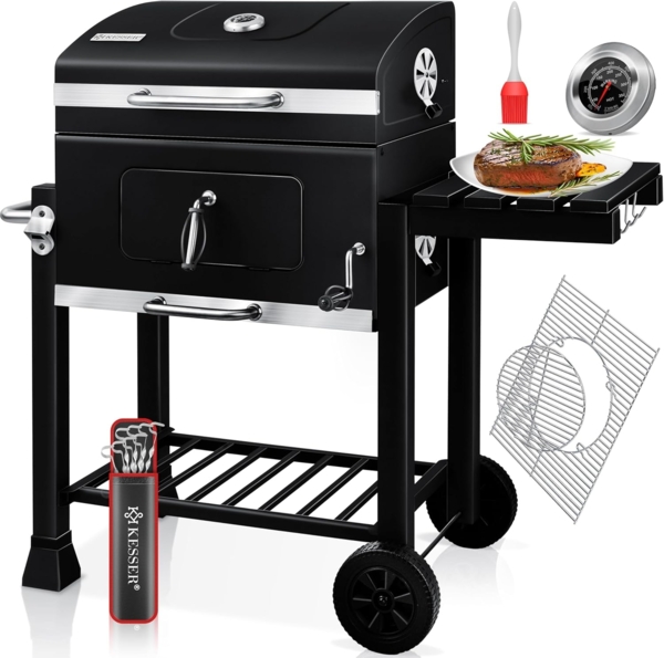 KESSER® 'XL' Holzkohlegrill mit Deckel, Rädern, Edelstahl-Griff, Grillrost & Thermometer, Edelstahl schwarz, 115 x 45 x 105 cm