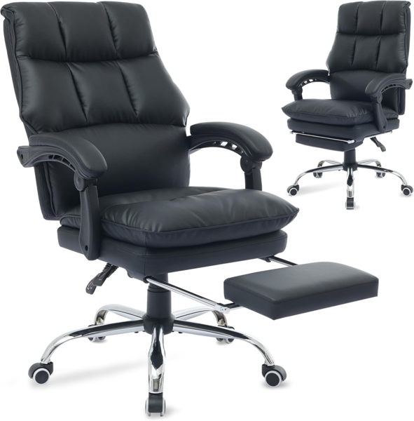 SeedWave Bürostuhl Office Chair mit 155° Verstellbare Rückenlehne und Synchrone-Armelehne, Bürostuhl mit Fußstütze und PU-Leder, Schreibtischstuhl