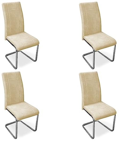 Homey Packung mit 4 gepolsterten Stühlen für Wohnzimmer, Esszimmer, beige, mit verchromten Beinen, Modell Skadi, Aluminium, 42,5 cm (B) x 52 cm (T) x 99 cm (H)