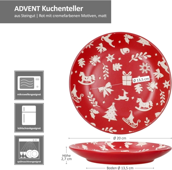 MamboCat Frühstücksteller 6er Set Advent Kuchenteller Ø20cm Rot Weihnachten Dessert Gebäck Bild 6