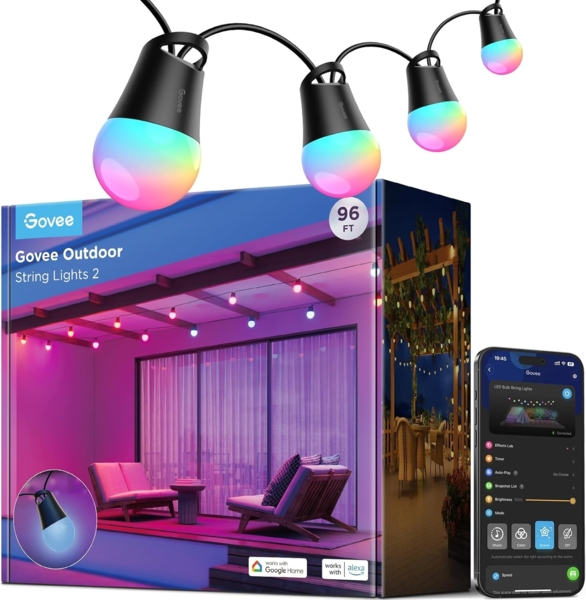Govee Lichterkette Außen 30M, Smart RGBIC LED Lichterkette Außen, Funktioniert mit Alexa, App-Steuerung, IP65 Wasserdicht, 47 Szenenmodi, Outdoor Lichterketten für Balkon Garten Camping Party Deko